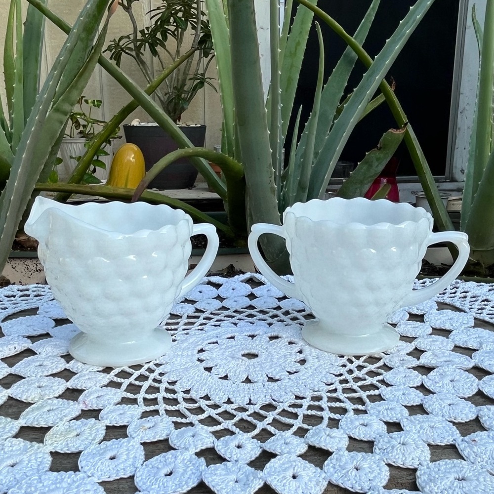 Vintage Anchor Hocking Milk Glass Bubble Pattern Creamer and Sugar